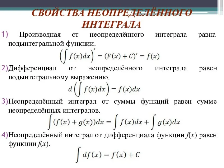 Производная от неопределённого интеграла равна подынтегральной функции. Дифференциал от неопределённого интеграла равен