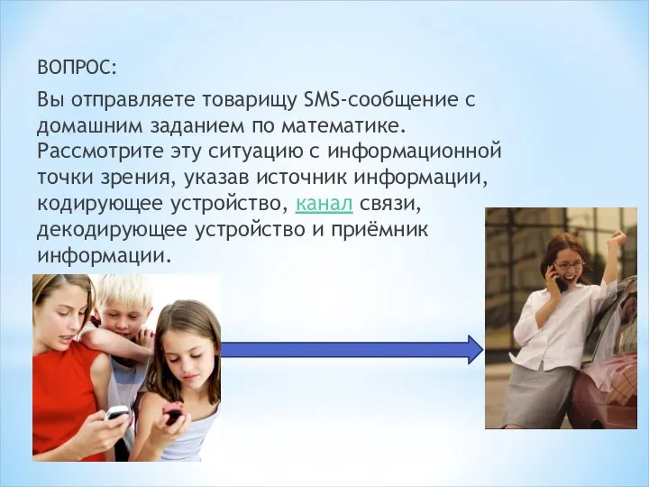 ВОПРОС: Вы отправляете товарищу SMS-сообщение с домашним заданием по математике. Рассмотрите эту