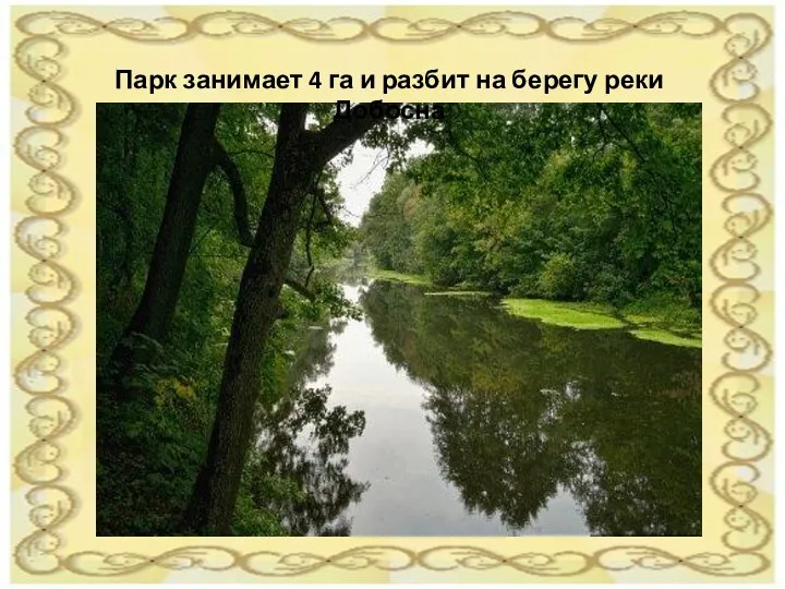 Парк занимает 4 га и разбит на берегу реки Добосна