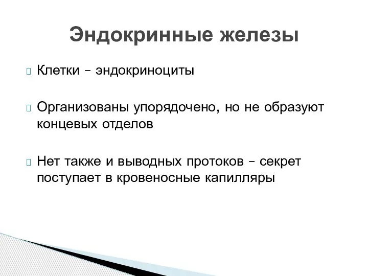 Клетки – эндокриноциты Организованы упорядочено, но не образуют концевых отделов Нет также