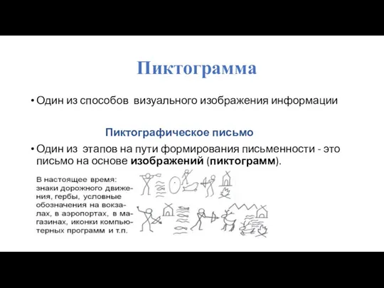 Пиктограмма Один из способов визуального изображения информации Пиктографическое письмо Один из этапов