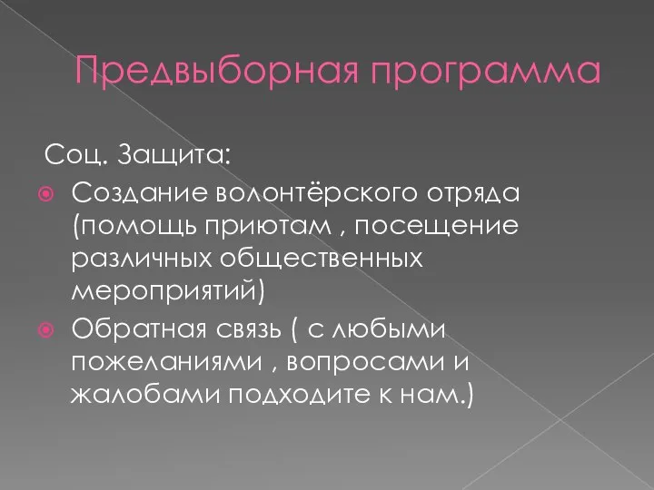 Предвыборная программа Соц. Защита: Создание волонтёрского отряда(помощь приютам , посещение различных общественных