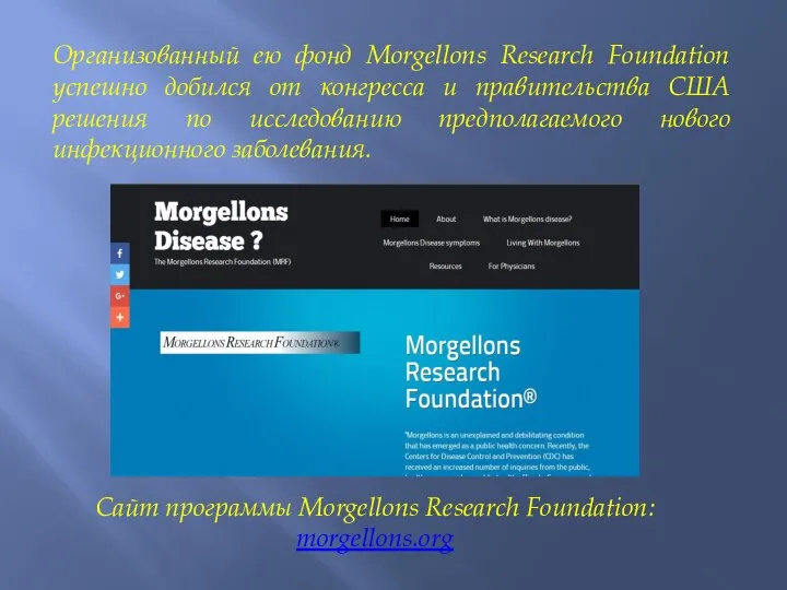 Организованный ею фонд Morgellons Research Foundation успешно добился от конгресса и правительства