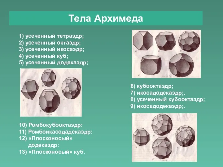 1) усеченный тетраэдр; 2) усеченный октаэдр; 3) усеченный икосаэдр; 4) усеченный куб;