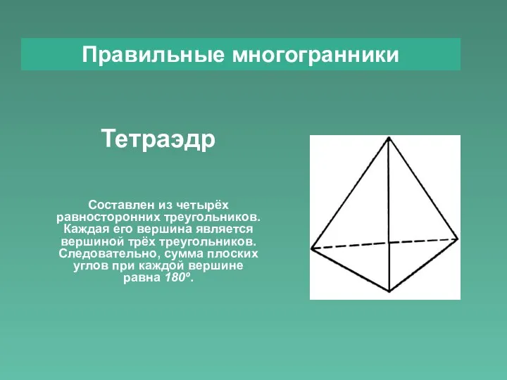 Правильные многогранники Тетраэдр Составлен из четырёх равносторонних треугольников. Каждая его вершина является