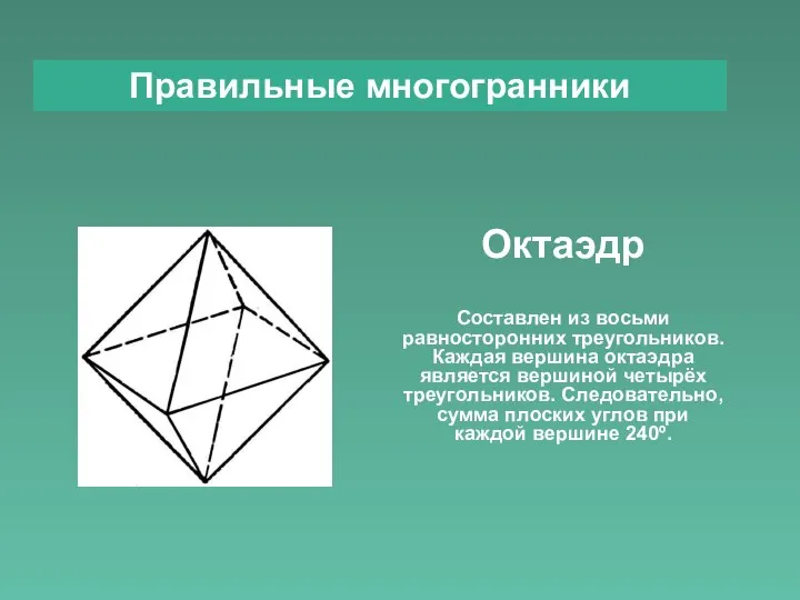 Правильные многогранники Октаэдр Составлен из восьми равносторонних треугольников. Каждая вершина октаэдра является