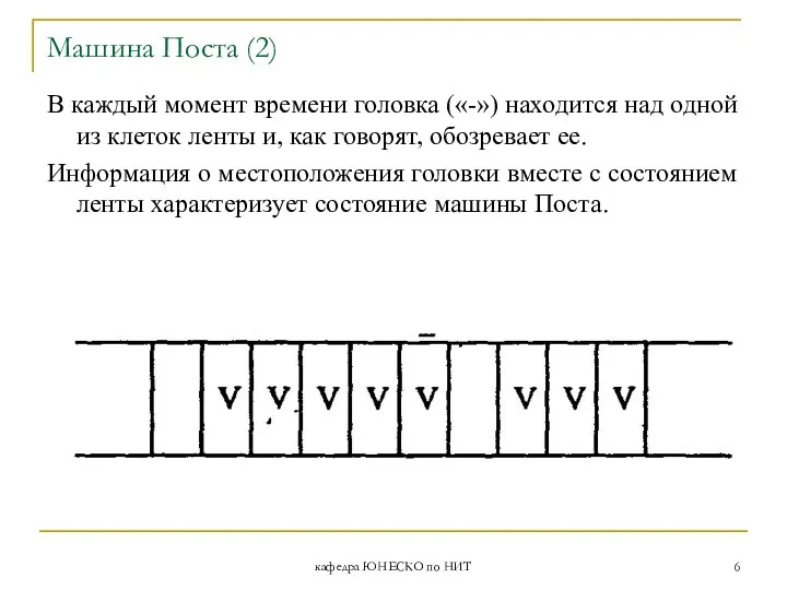 кафедра ЮНЕСКО по НИТ Машина Поста (2) В каждый момент времени головка