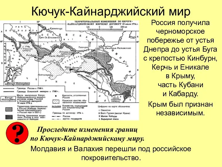 Кючук-Кайнарджийский мир Россия получила черноморское побережье от устья Днепра до устья Буга