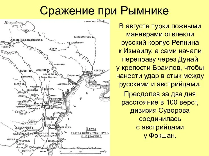 Сражение при Рымнике В августе турки ложными маневрами отвлекли русский корпус Репнина