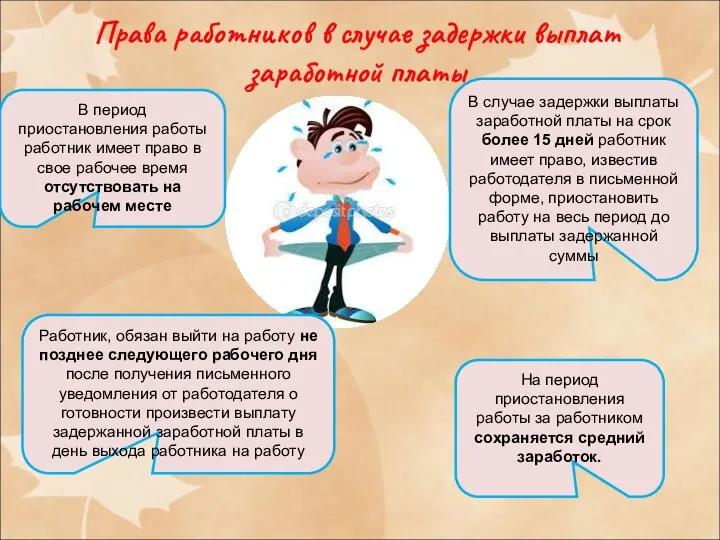 Права работников в случае задержки выплат заработной платы В случае задержки выплаты