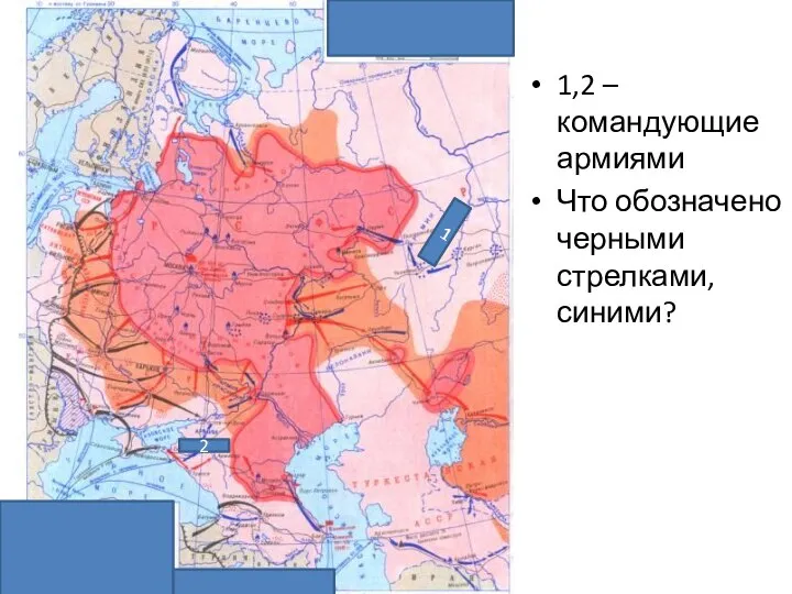 п 1,2 –командующие армиями Что обозначено черными стрелками, синими? 1 2