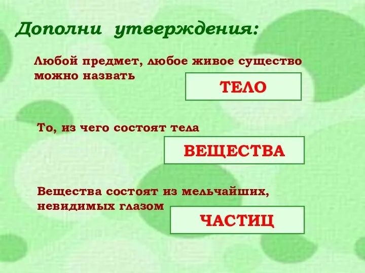 Дополни утверждения: Любой предмет, любое живое существо можно назвать ТЕЛО То, из