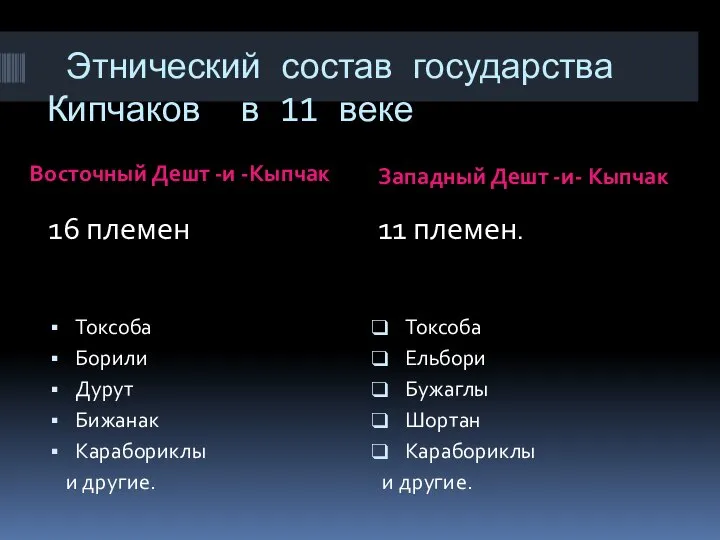 Этнический состав государства Кипчаков в 11 веке Восточный Дешт -и -Кыпчак Западный