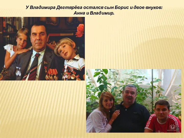 У Владимира Дегтярёва остался сын Борис и двое внуков: Анна и Владимир.