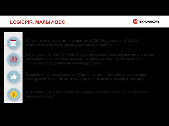 LOGICPIR. МАЛЫЙ ВЕС По оценке специалистов применение LOGICPIR на кровле 10 000м2