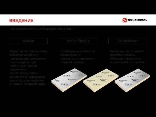 ВВЕДЕНИЕ Фольга Картон/бумага Стеклохолст Водо-паронепроницаемая оболочка из фольги препятствует замещению газа воздухом,