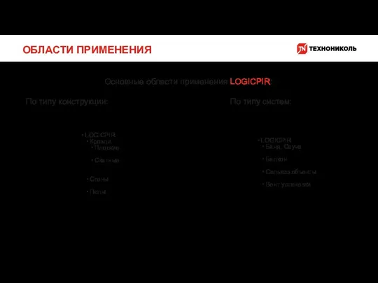 ОБЛАСТИ ПРИМЕНЕНИЯ Основные области применения LOGICPIR: LOGICPIR Кровли Плоские Скатные Стены Полы