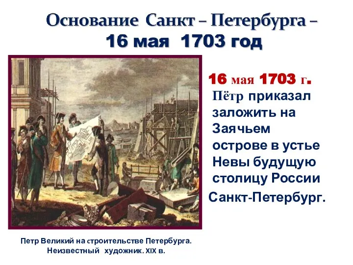 16 мая 1703 г. Пётр приказал заложить на Заячьем острове в устье