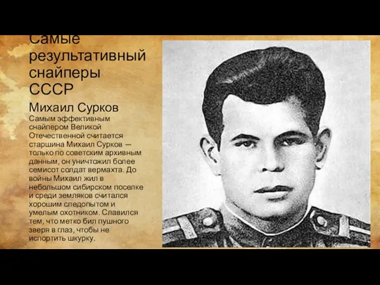 Самые результативный снайперы СССР Михаил Сурков Самым эффективным снайпером Великой Отечественной считается