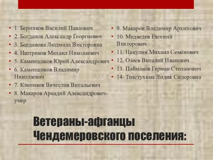 Ветераны-афганцы Чендемеровского поселения: 1. Берников Василий Павлович 2. Богданов Александр Георгиевич 3.