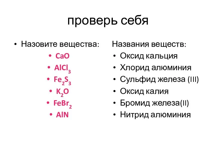 проверь себя Назовите вещества: CaO AlCl3 Fe2S3 K2O FeBr2 AlN Названия веществ: