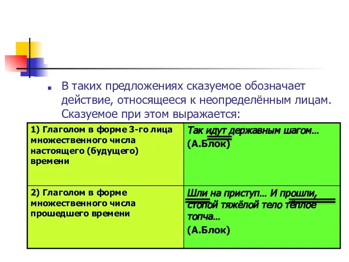 В таких предложениях сказуемое обозначает действие, относящееся к неопределённым лицам. Сказуемое при