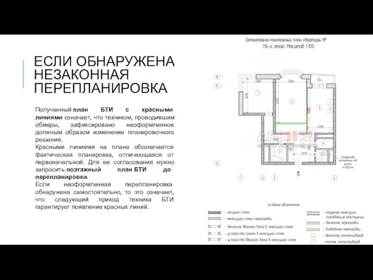 ЕСЛИ ОБНАРУЖЕНА НЕЗАКОННАЯ ПЕРЕПЛАНИРОВКА Полученный план БТИ с красными линиями означает, что