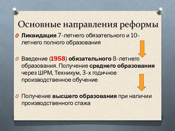 Основные направления реформы Ликвидация 7-летнего обязательного и 10-летнего полного образования Введение (1958)