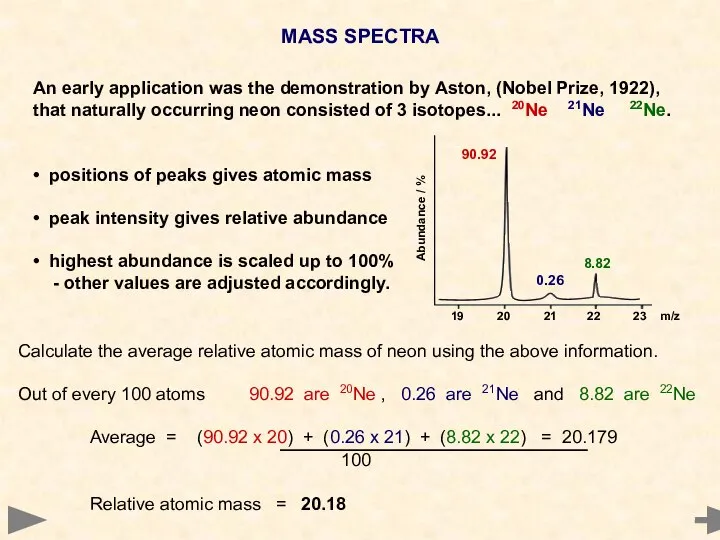 MASS SPECTRA An early application was the demonstration by Aston, (Nobel Prize,