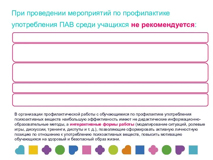 При проведении мероприятий по профилактике употребления ПАВ среди учащихся не рекомендуется: В