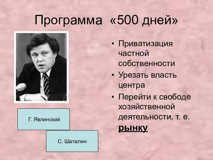 Программа «500 дней» Приватизация частной собственности Урезать власть центра Перейти к свободе