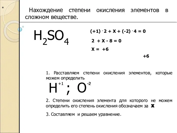 * Нахождение степени окисления элементов в сложном веществе. H2SO4 1. Расставляем степени