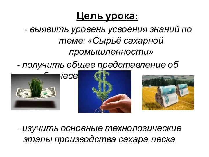 Цель урока: - выявить уровень усвоения знаний по теме: «Сырьё сахарной промышленности»