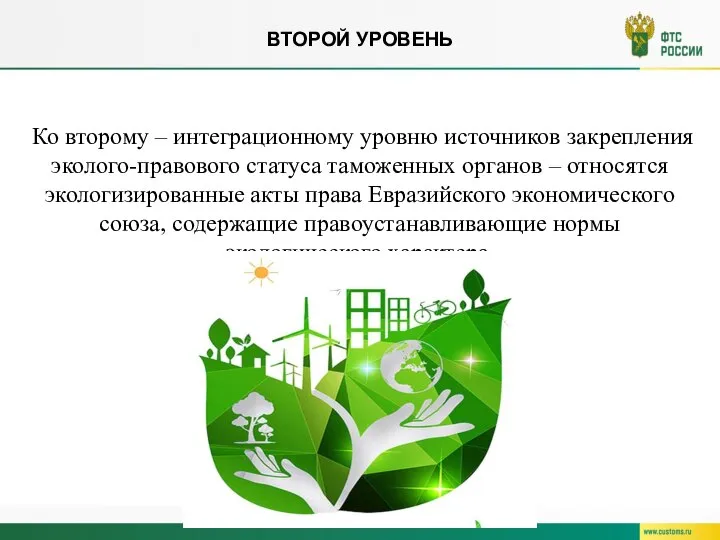 ВТОРОЙ УРОВЕНЬ Ко второму – интеграционному уровню источни­ков закрепления эколого-правового статуса таможен­ных