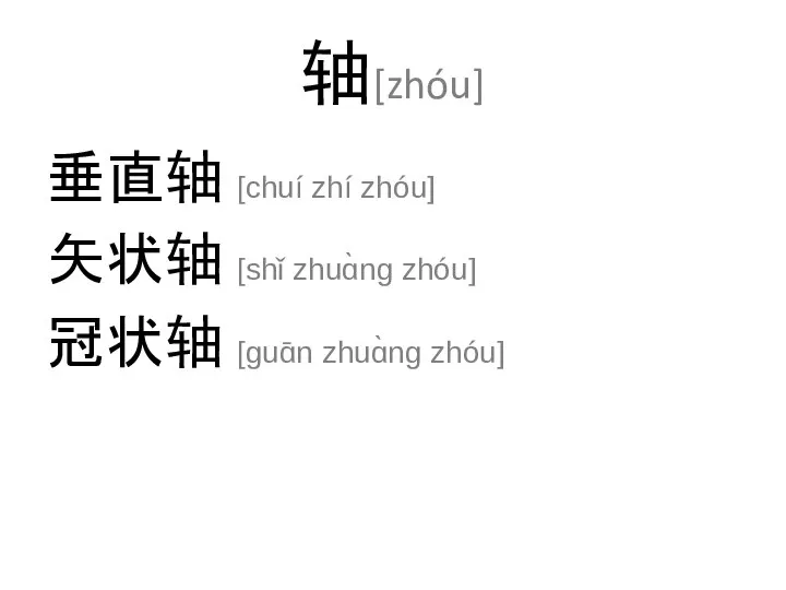 轴[zhóu] 垂直轴 [chuí zhí zhóu] 矢状轴 [shǐ zhuɑ̀ng zhóu] 冠状轴 [guɑ̄n zhuɑ̀ng zhóu]