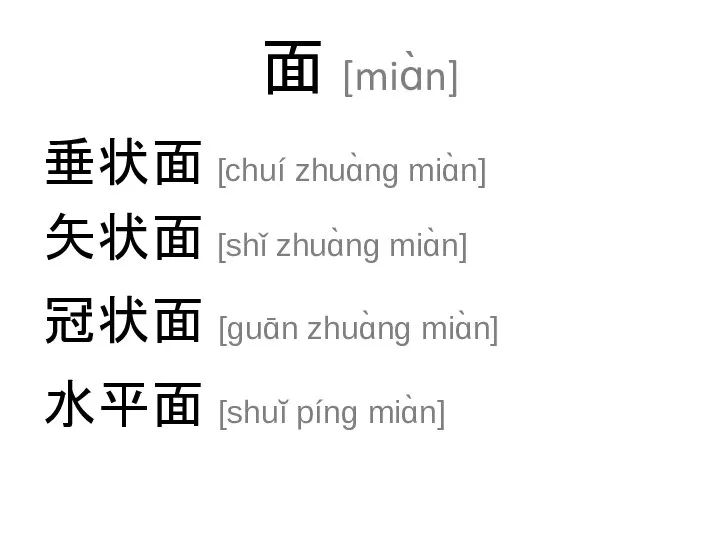 面 [miɑ̀n] 垂状面 [chuí zhuɑ̀ng miɑ̀n] 矢状面 [shǐ zhuɑ̀ng miɑ̀n] 冠状面 [guɑ̄n