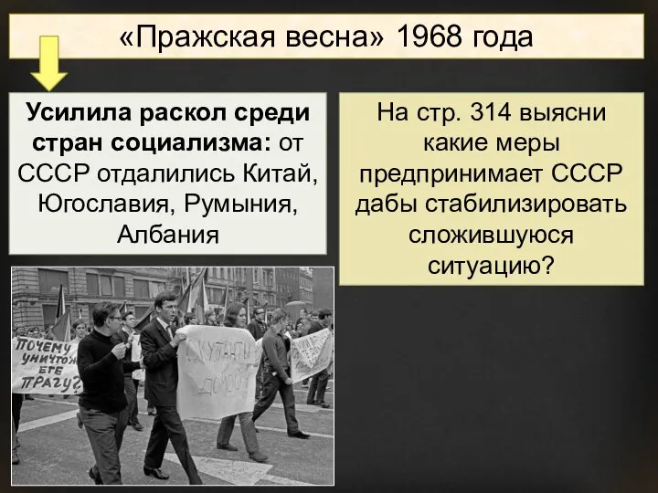 «Пражская весна» 1968 года Усилила раскол среди стран социализма: от СССР отдалились