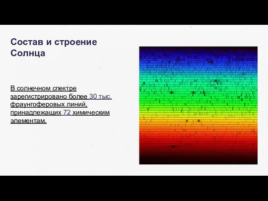 Состав и строение Солнца В солнечном спектре зарегистрировано более 30 тыс. фраунгоферовых