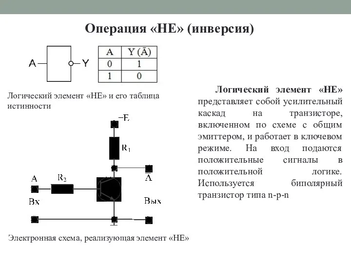 Операция «НЕ» (инверсия) Логический элемент «НЕ» и его таблица истинности Электронная схема,