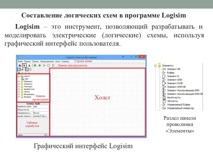 Составление логических схем в программе Logisim Графический интерфейс Logisim Logisim – это