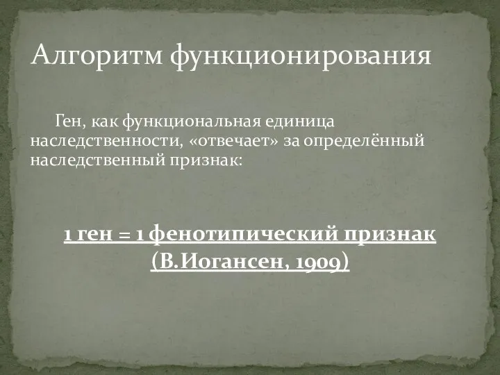 Ген, как функциональная единица наследственности, «отвечает» за определённый наследственный признак: 1 ген