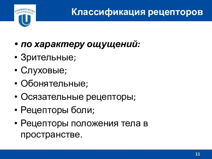 по характеру ощущений: Зрительные; Слуховые; Обонятельные; Осязательные рецепторы; Рецепторы боли; Рецепторы положения