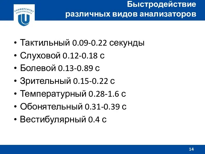 Тактильный 0.09-0.22 секунды Слуховой 0.12-0.18 с Болевой 0.13-0.89 с Зрительный 0.15-0.22 с