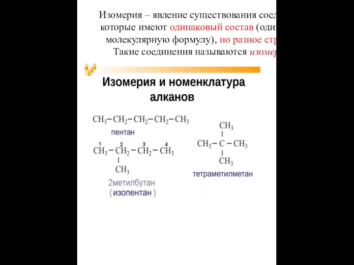 Изомерия – явление существования соединений, которые имеют одинаковый состав (одинаковую молекулярную формулу),