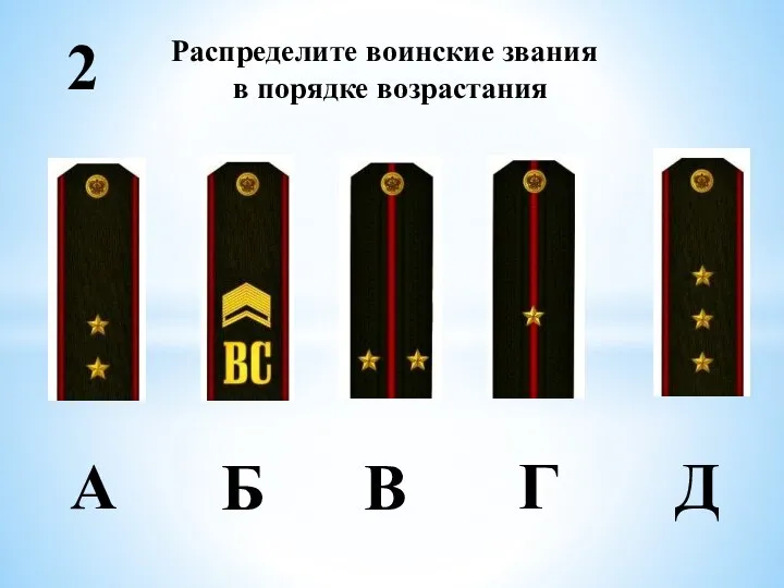 Распределите воинские звания в порядке возрастания А Б В Г Д 2