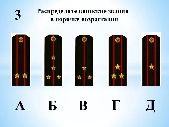 Распределите воинские звания в порядке возрастания А Б В Г Д 3