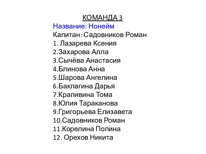 КОМАНДА 3 Название: Нонейм Капитан: Садовников Роман 1. Лазарева Ксения 2.Захарова Алла