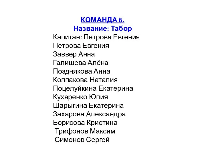 КОМАНДА 6. Название: Табор Капитан: Петрова Евгения Петрова Евгения Заввер Анна Галишева