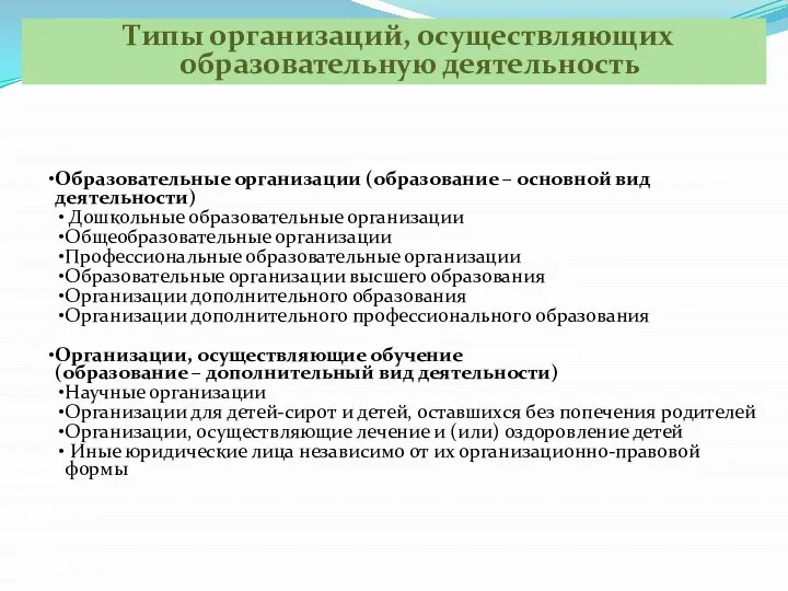 Типы организаций, осуществляющих образовательную деятельность Образовательные организации (образование – основной вид деятельности)