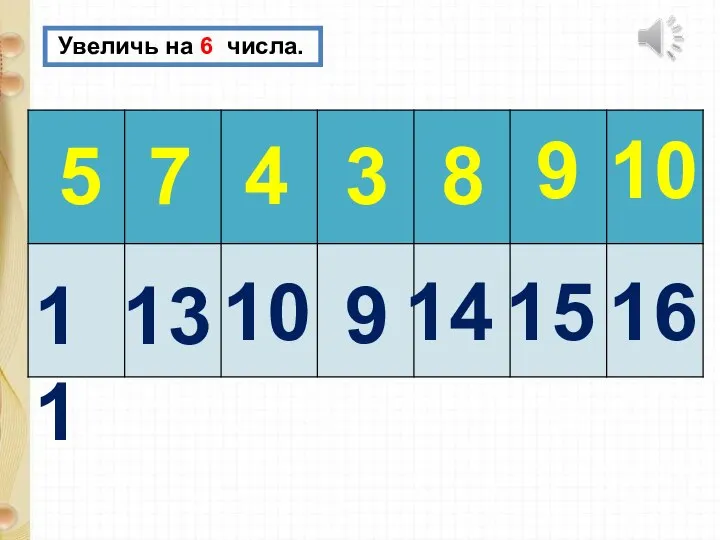 Увеличь на 6 числа. 5 7 4 3 8 9 10 11